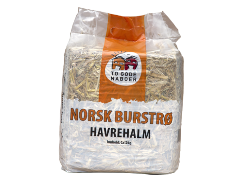 Norsk burstrø havrehalm fra To Gode Naboer, 5 kg pakke, ideel til indretning af bur for gnavere og mindre kæledyr.