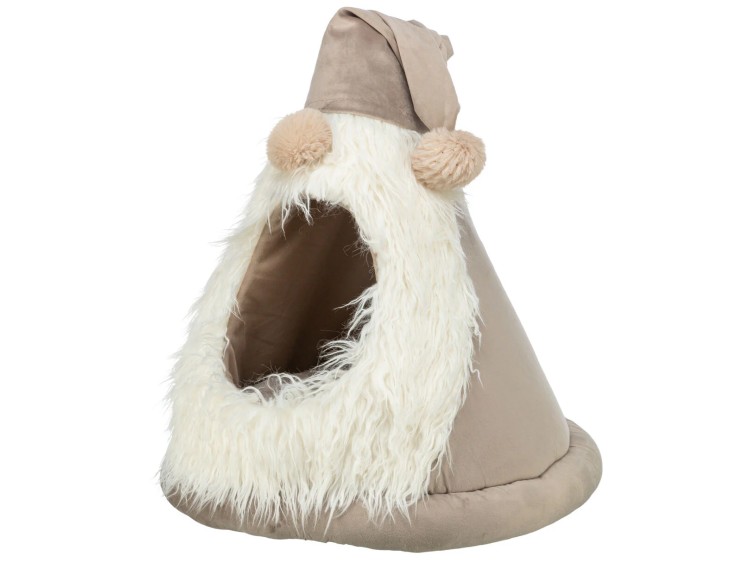 Sød og hyggelig gnaverhule formet som en nissehue, ideel til små kæledyr som hamstere og mus. Lavet af blødt materiale med en lækker pelskant, der giver komfort og varme. Perfekt til at skabe et trygt og sikkert miljø for dit kæledyr.