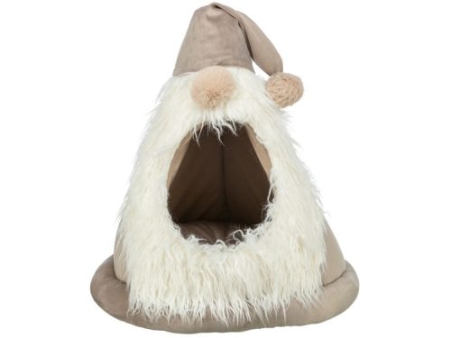 Sød og hyggelig hule til mindre kæledyr, designet som en nisse med fluffy hår og en pompon. Ideel til gnavere og små kæledyr, der søger et trygt og komfortabelt sted at hvile.