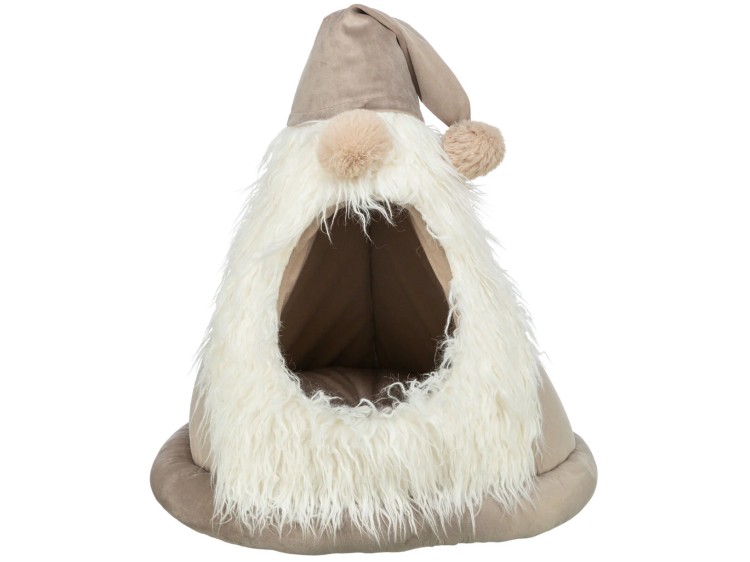 Sød og hyggelig hule til mindre kæledyr, designet som en nisse med fluffy hår og en pompon. Ideel til gnavere og små kæledyr, der søger et trygt og komfortabelt sted at hvile.